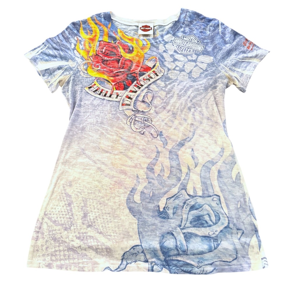 Harley Davidson Graphic T Shirt Womens M Blue Flaming Rose All Over Print Biker